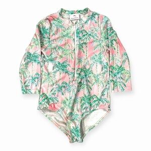 Tommy Bahama Girls L 10 12 One Piece Rash Guard Swimsuit Palm Tree Tropical Pink